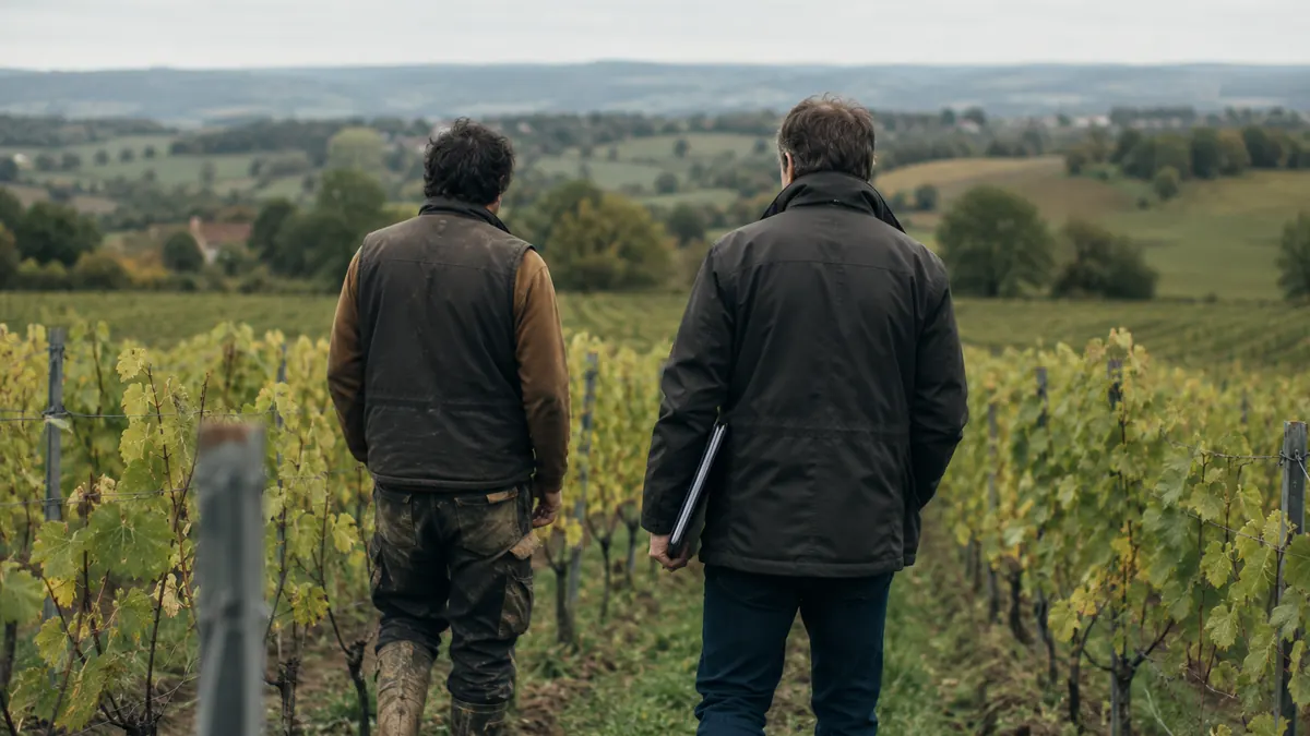 Un exploitant et un contrôleur marchent entre les rangs de vigne