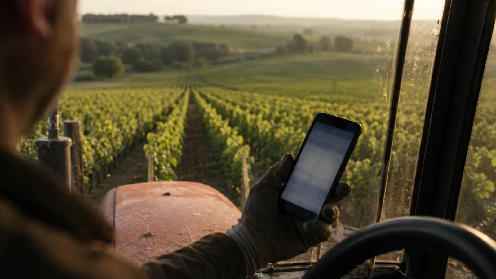 Un viticulteur enregistre un traitement sur son téléphone, dans les vignes